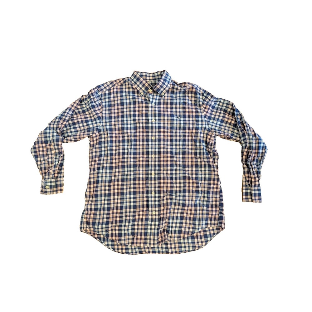 Vineyard Vines Men's L Whale Shirt Plaid Button Down Long Sleeve Preppy Red Blue